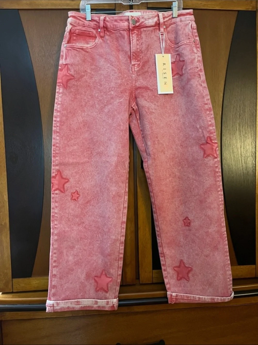Risen Pink Star-Embroidered Straight Leg Jeans NWT